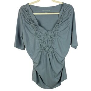 Soft Surroundings Cotton Blend Slate Blue Fitted V-neck Ruched Detail Med Top